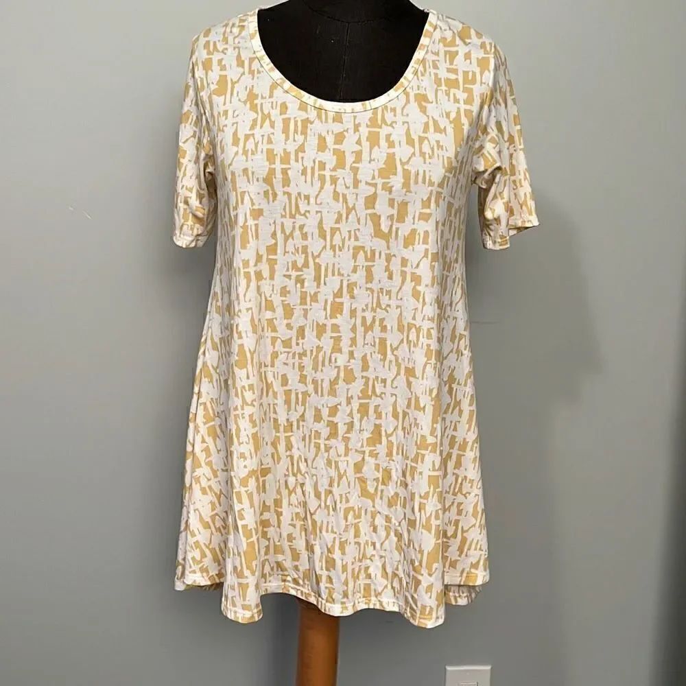 Lularoe Women's White & Yellow Short Sleeve Scoop Neck Hi Low Top